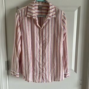 Chicos Linen No Iron Button Shirt Size 1 US M Multicolor Metallic Stripe Medium